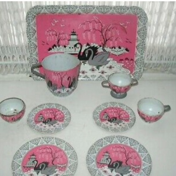1956 Ohio Art, Pink Willow with Swans Child’s Tin Tea Set